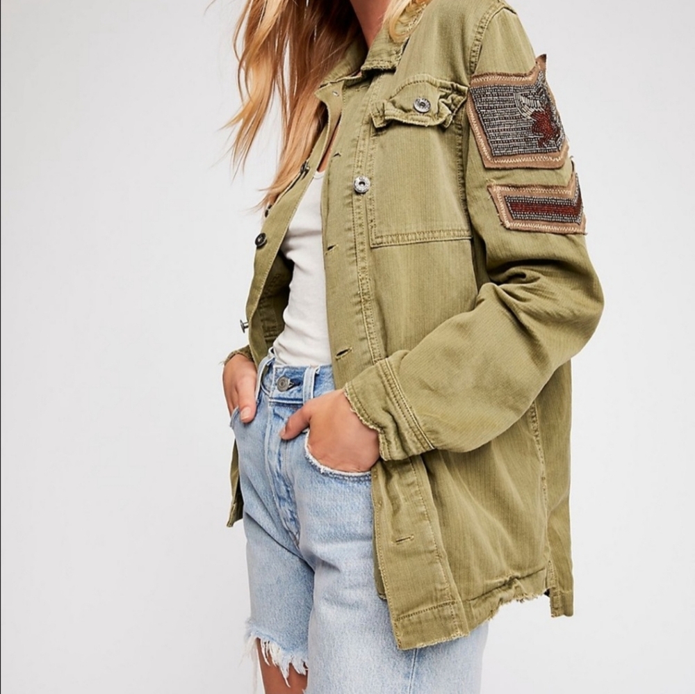 FREE PEOPLE Green Beaded Military  Jacket Shacket
